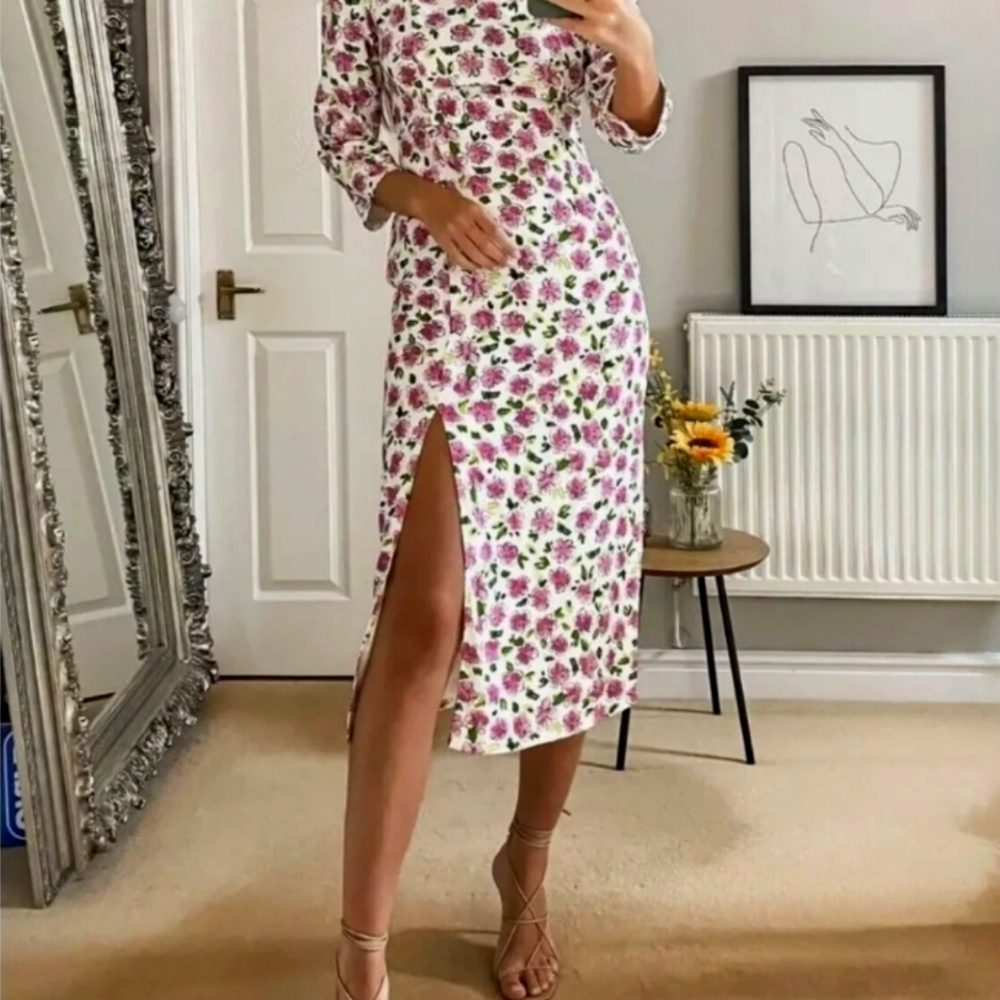 Zara Pink & White Floral Midi Dress